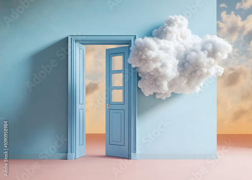 3d render, white clouds and cumulus flying out the blue open door inside the empty room. Objects isolated on peachy background. Abstract metaphor, modern minimal concept. Surreal optical illusion
