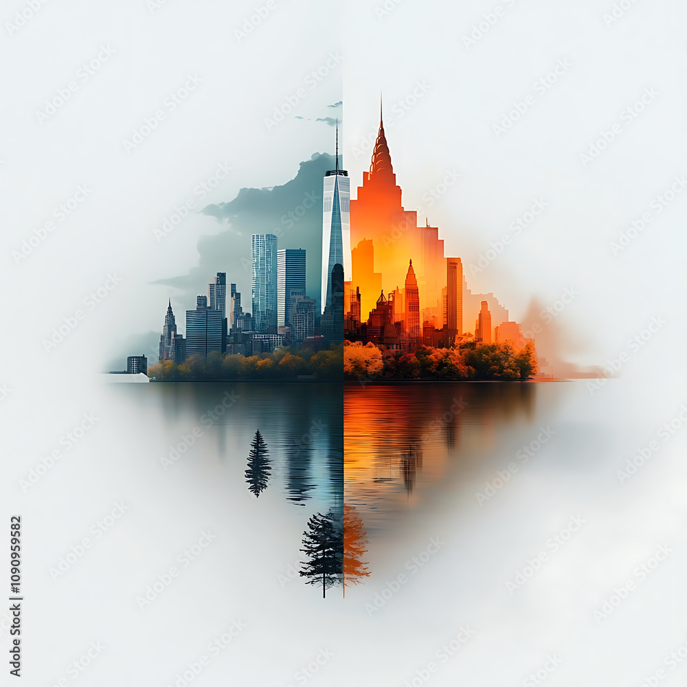 Obraz premium Urban transformation a stunning visual contrast of cityscapes and nature reflecting change and harmony artistic representation modern aesthetics thought-provoking concept