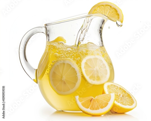 Refreshing glass pitcher of lemonade with fresh lemon slices, perfect for a sunny day.