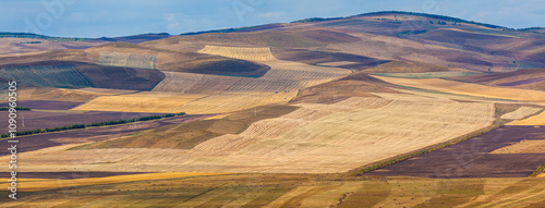 Landscape in panorama format with brown and yellow fields after the harvest season in autumn, Hulunbuir, province of Inner Mongolia, China
