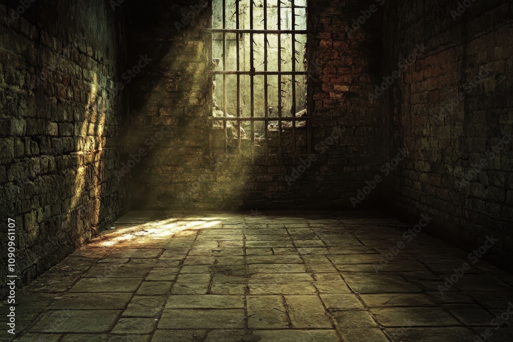 Dark and abandoned cell with barred window illuminated by sunlight Dark and abandoned cell with barred window illuminated by sunlight