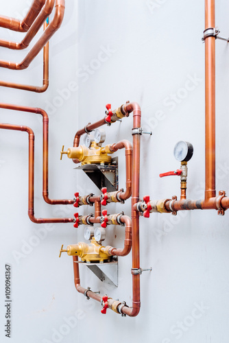 Copper Pipe Network: Industrial Plumbing System, Detailed Close-up of intricate copper pipes and fittings, showcasing valves and pressure gauges. Clean, efficient and modern industrial system