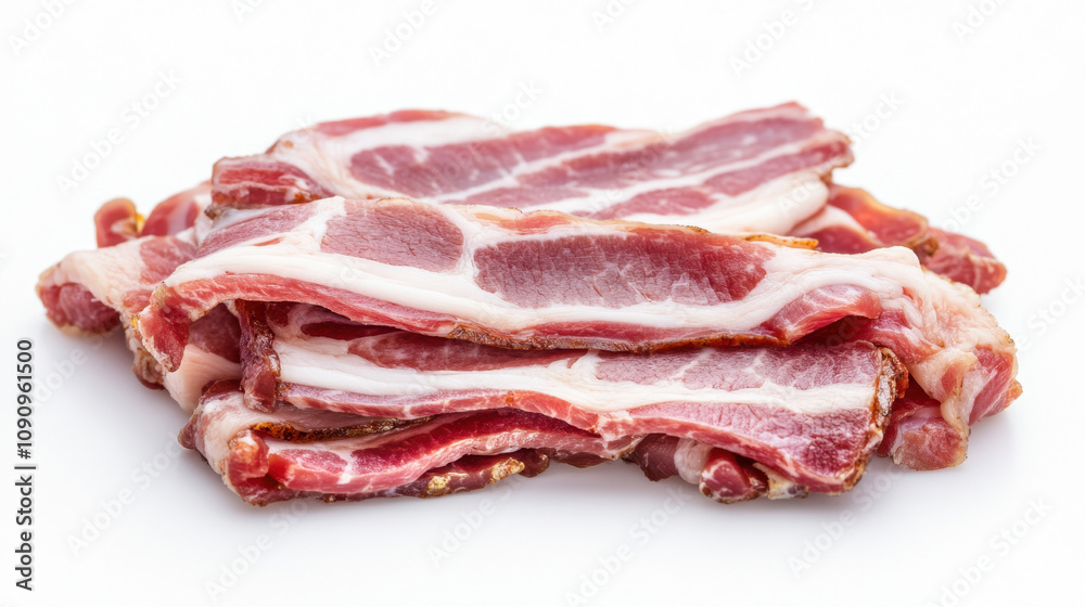 Obraz premium A stack of uncooked bacon slices on a white background, showcasing the marbled texture and rich pink color of the meat with streaks of fat.
