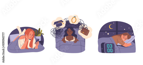 Woman insomnia isolated round composition set with young girl suffering from mental problem