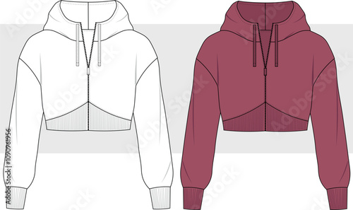 Hooded Sweatshirt technical fashion illustration. Zipped Jacket fashion flat technical drawing template, crop, relaxed fit, women Sportswear drawing.