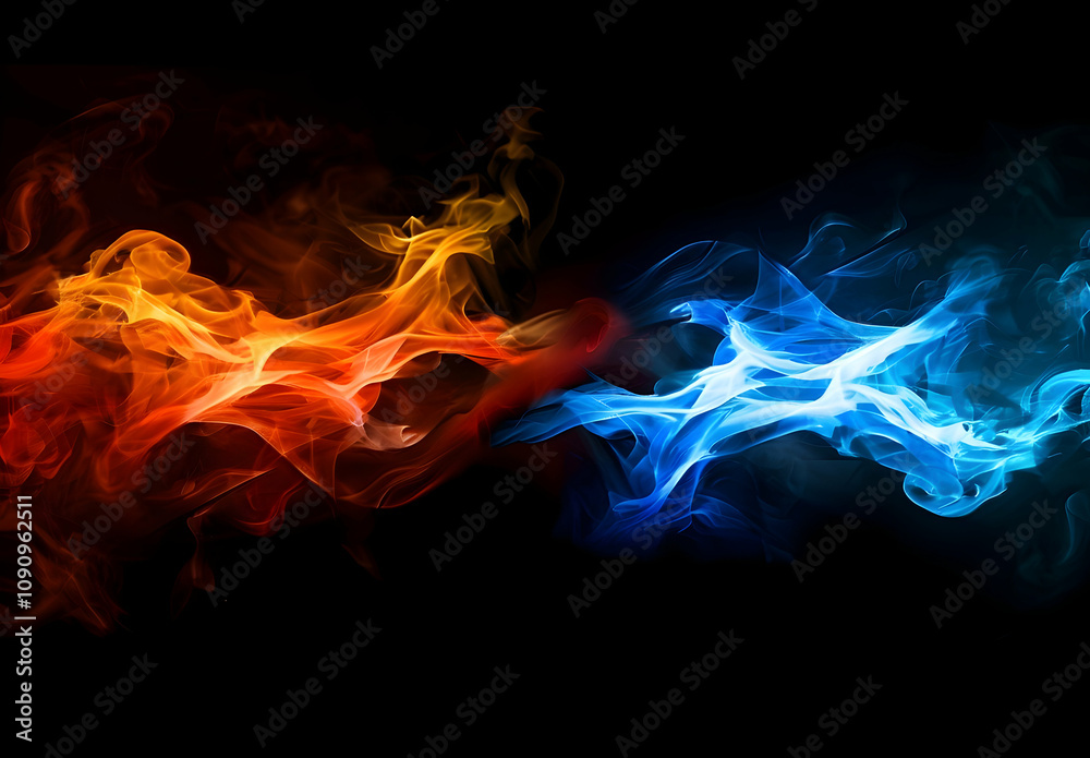 Fototapeta premium Red and blue flames on a black background, flames in red, orange, yellow, and white colors, fire, flame, smoke, fire wallpaper, wallpaper with two-colored flames, 
