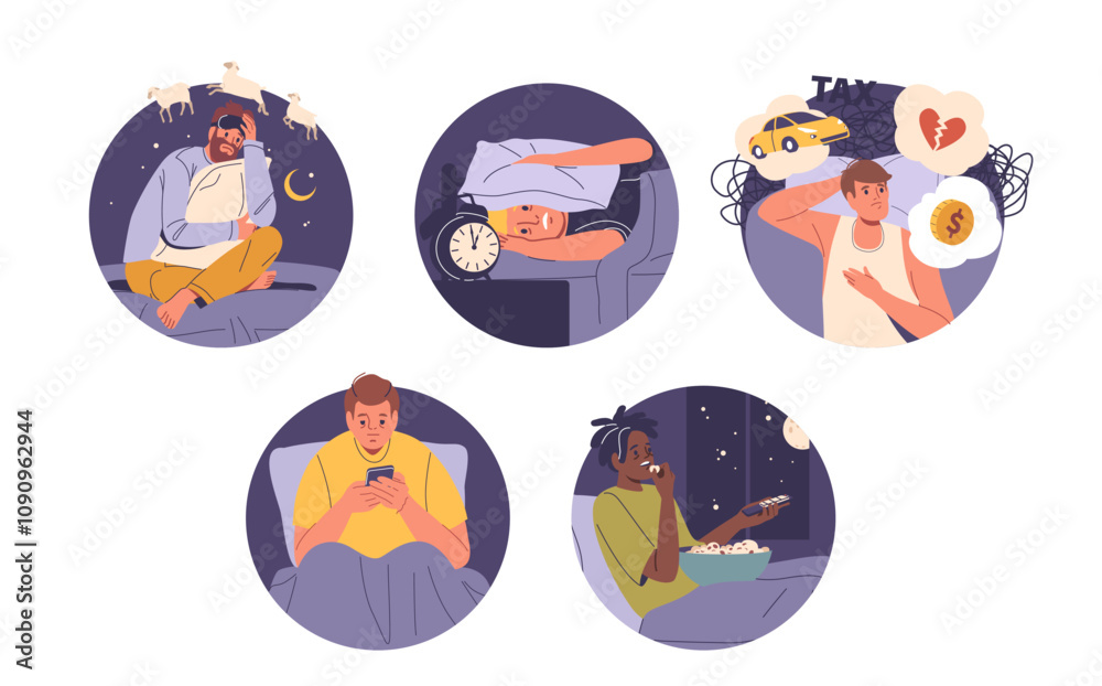 Isolated round composition set with sleepless men cartoon characters struggling with insomnia Isolated round composition set with sleepless men cartoon characters struggling with insomnia