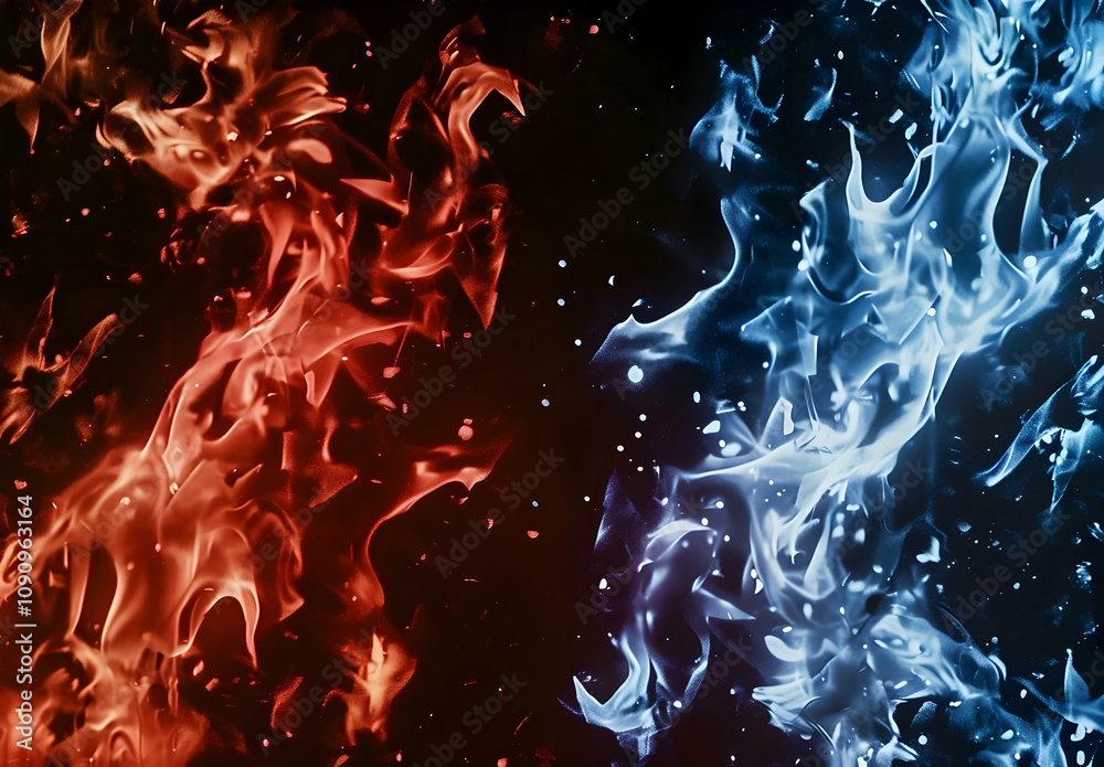 Fire and ice, with red flames on the left side of the screen and blue flames on the right side of a black background Fire and ice, with red flames on the left side of the screen and blue flames on the right side of a black background