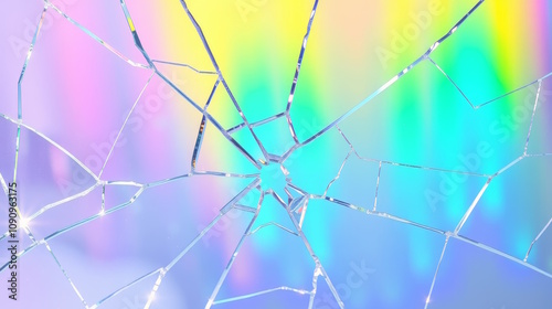 Broken glass on colorful holographic reflections background, abstract and vibrant design concept