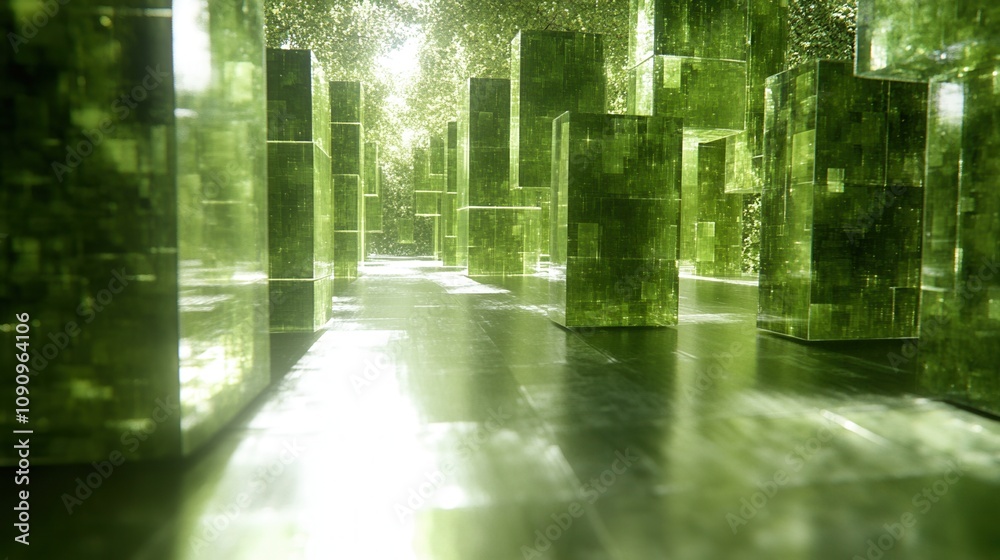 Fototapeta premium A surreal landscape with towering green structures reflecting light, creating an ethereal and tranquil atmosphere.