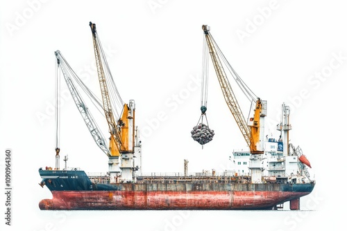 Cargo ship with cranes, lifting scrap metal. photo