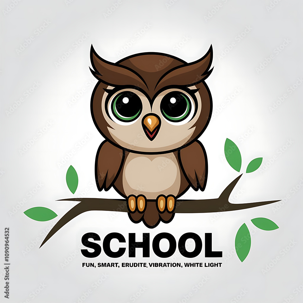 Obraz premium A professional printing of a baby owl in the format of a mascot advertising poster for a school of fun, smart, erudite, travel vibration, white light. The background is a white light.
