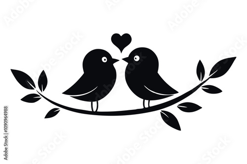 Silhouette of two birds with a heart perched on a branch, romantic, valentine