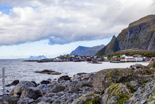 Photo of the picturesque village of Å in Lofoten Islands, northern Norway, surrounded by mountains and fjords. photo