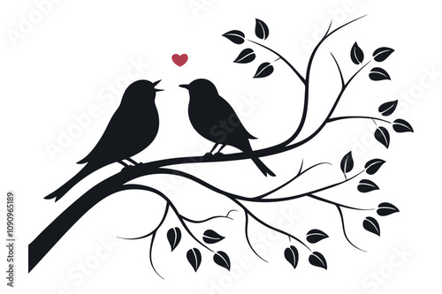 Silhouette of two birds with a heart perched on a branch, romantic, valentine photo