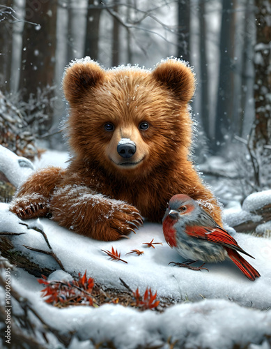 Adorable teddy bear playing in the snow. Mesmerizing winter scene. Perfect for pet related projects and holiday cards.