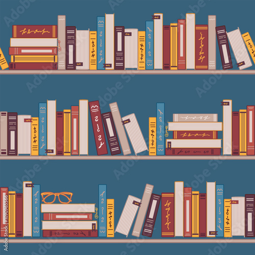 A seamless pattern featuring bookshelves, perfect for reading enthusiasts. Ideal for use as wallpaper, fabric printing, packaging, or as a charming background for various creative projects.