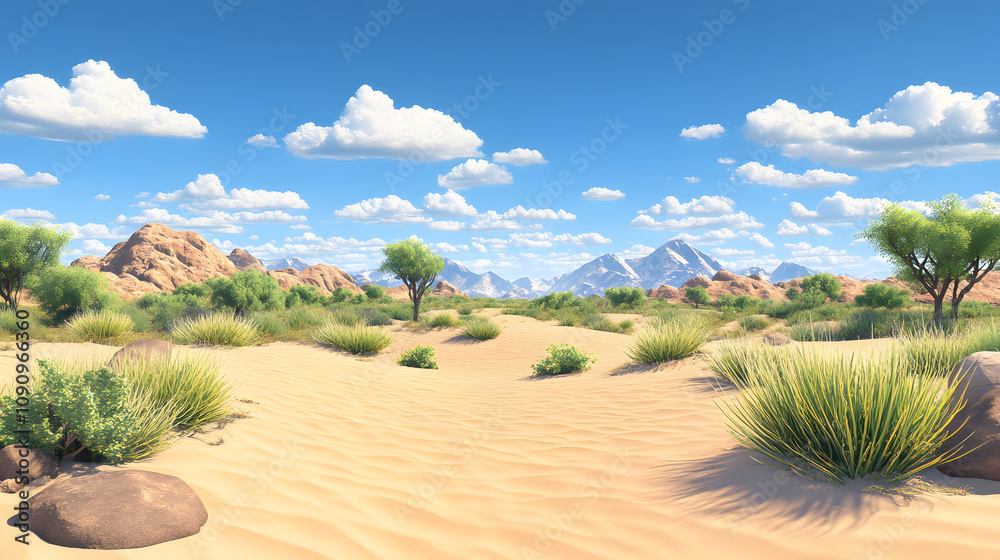 Obraz premium A serene desert landscape featuring sandy dunes, scattered rocks, green shrubs, and a clear blue sky with fluffy clouds