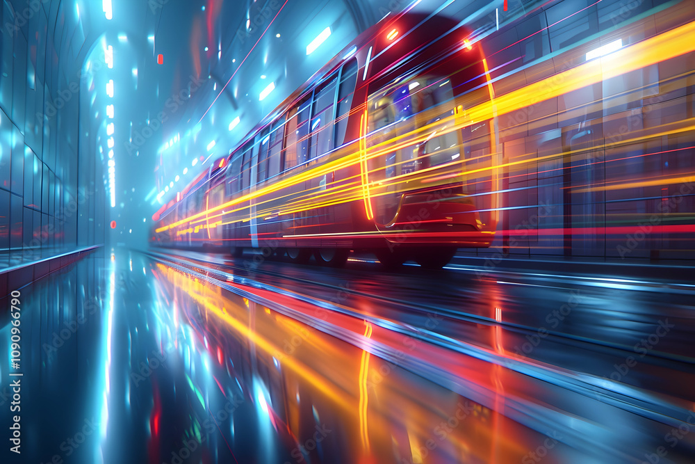 Fototapeta premium Futuristic train moving through a vibrant, neon-lit underground tunnel with motion blur and reflections.