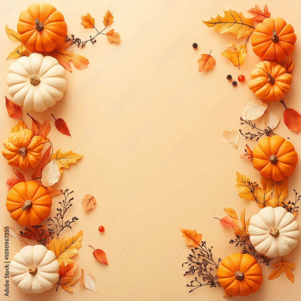 Fototapeta premium Autumnal Flat Lay. Fall Background with Orange and White Pumpkins, Berries and Leaves, Top View
