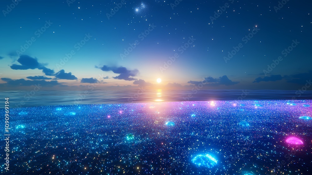 Fototapeta premium digital technology moonlight and glowing sea water beach illustration poster background