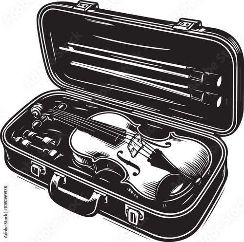 Vintage Violin Case with Accessories. A detailed, black and white illustration of a violin inside its case.