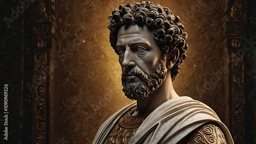Marcus Aurelius: A detailed portrait of Marcus Aurelius, the Roman Emperor and Stoic philosopher, wearing a toga with intricate Roman patterns