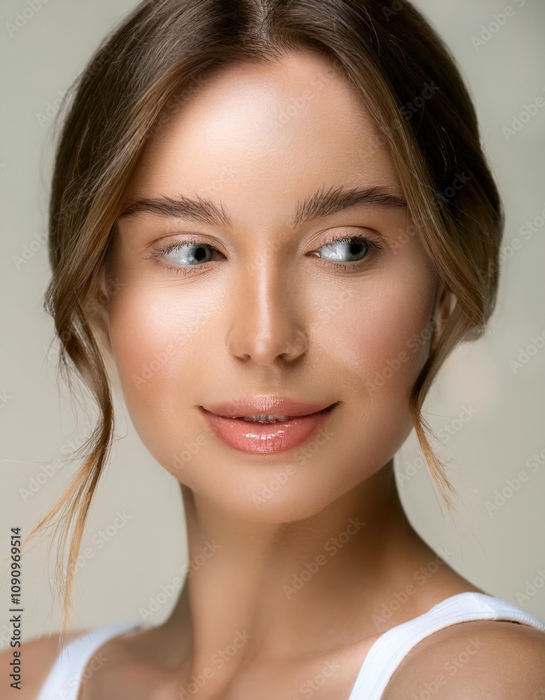 A close-up of a woman with flawless, glowing skin and soft makeup, showcasing a natural beauty against a light, neutral background A close-up of a woman with flawless, glowing skin and soft makeup, showcasing a natural beauty against a light, neutral background