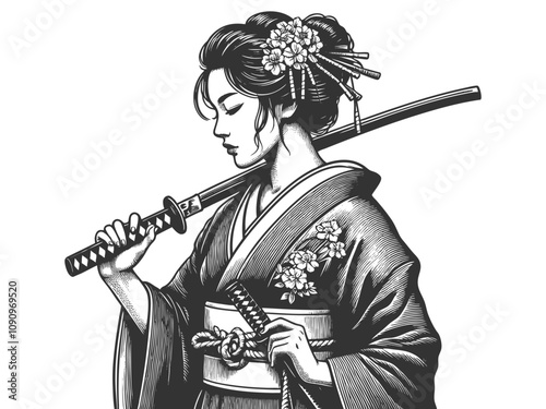 poised samurai woman in traditional attire, katana with elegance and strength sketch engraving generative ai fictional character vector illustration. Scratch board imitation. Black and white image