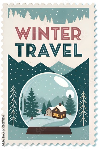 Philately winter travel concept featuring a snow globe with a cozy cabin and mountain scene photo