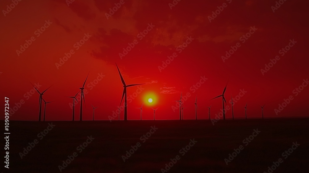 Obraz premium Silhouetted Wind Turbines Against a Crimson Sky