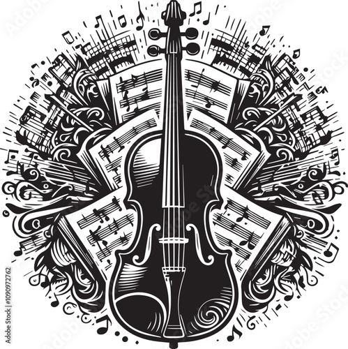 Ornate Violin and Music Notes Design. A captivating black and white graphic design showcasing a violin surrounded by musical notes and decorative swirls.