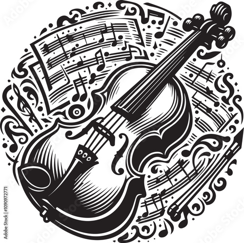 Ornate Violin and Music Notes Design. A captivating black and white graphic design showcasing a violin surrounded by musical notes and decorative swirls.