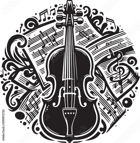 Ornate Violin and Music Notes Design. A captivating black and white graphic design showcasing a violin surrounded by musical notes and decorative swirls.