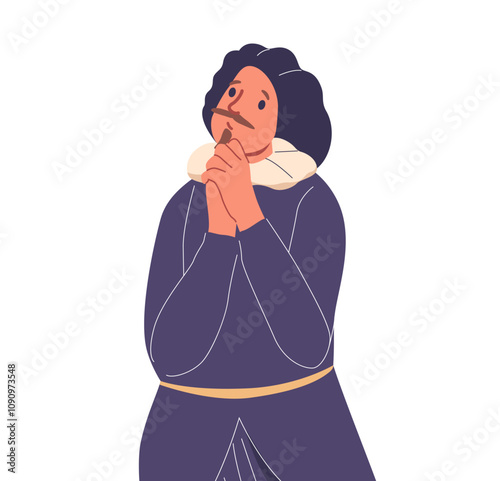 Man actor cartoon character wearing medieval costume holding hands in praying position playing role