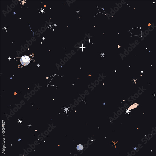 Starry night sky abstract background. Space seamless pattern with stars, planets, and meteors