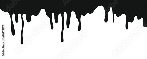 Dripping blood, oil and paint. Seamless pattern with black silhouette melting liquid. Drip, splash, flows inks border. Painted background. Vector illustration 