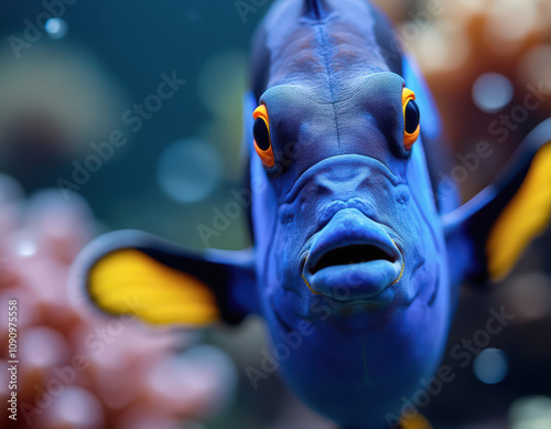 Primer plano de un pez cirujano azul con detalles vibrantes en un entorno submarino tropical. photo