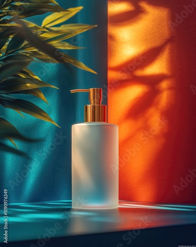 White frosted glass bottle with a golden pump head, colourfull background, soft light and shadow effects,