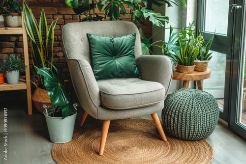 Cozy armchair surrounded by indoor plants in a sunny room with a natural decor aesthetic photo