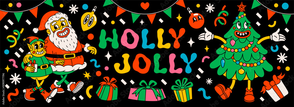 Obraz premium Groovy holly jolly banner with Santa Claus, Christmas tree, gifts, and other design elements in retro vintage cartoon style