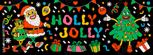 Groovy holly jolly banner with Santa Claus, Christmas tree, gifts, and other design elements in retro vintage cartoon style