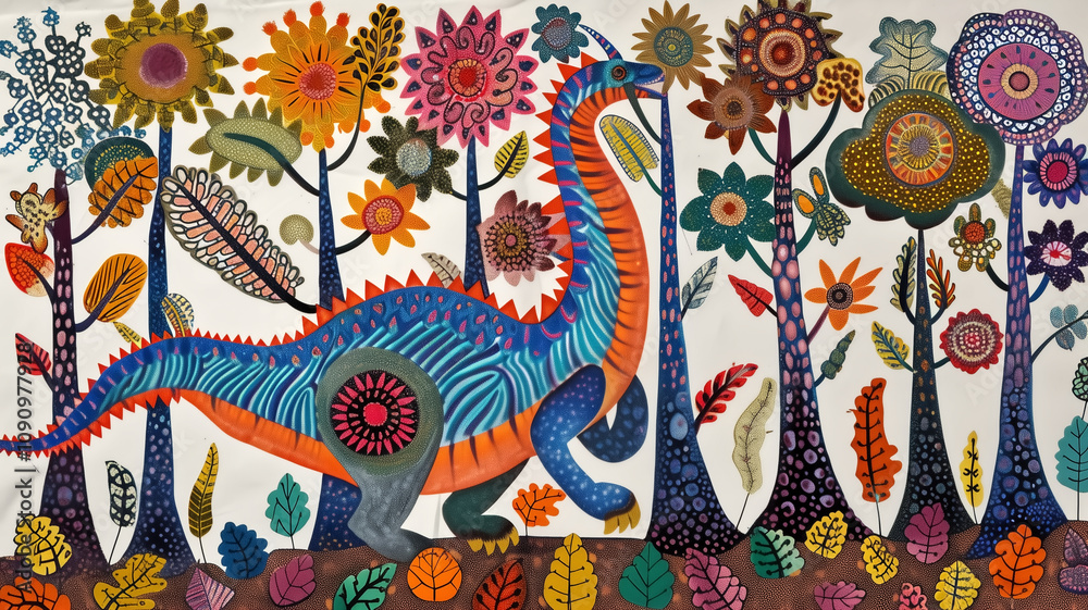 Obraz premium Traditional Gond painting of dinosaurs among abstract trees on a