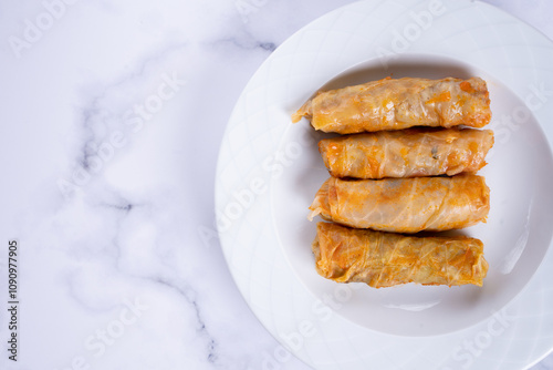 Cabbage wrap. Turkish food traditional stuffing.Cabbage leaf meat filling. photo