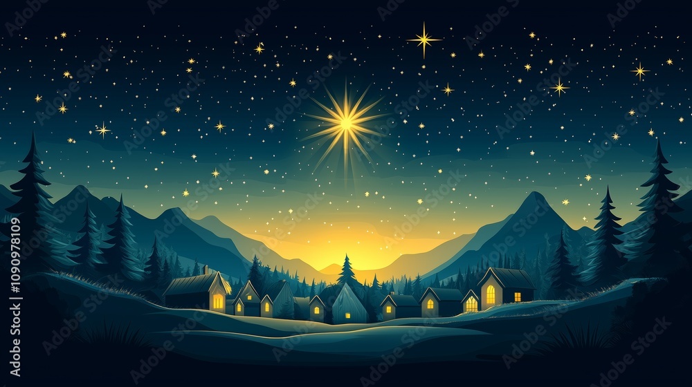 Fototapeta premium A mesmerizing flat vector illustration depicting a peaceful village surrounded by majestic mountains under a starry night sky. 