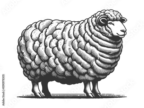 fluffy sheep, showcasing intricate wool patterns and a serene expression in vintage artistic style sketch engraving generative ai vector illustration. Scratch board imitation. Black and white image.