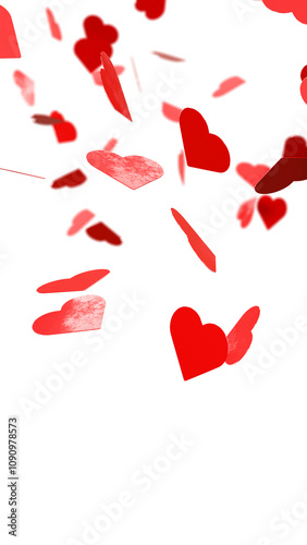 Heart shaped red confetti overlay on white background