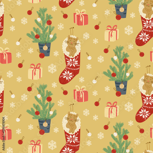 Seamless Christmas flat pattern with festive stockings and cats, decorated gift boxes and Christmas tree on yellow background. Vector hand drawn illustration. Perfect for wrapping paper and textile