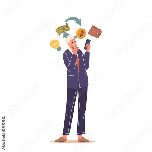 Businessman cartoon character working distantly using mobile phone earning money, investing