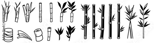A detailed bamboo stick in brown and green, with branches, stems, and leaves, shown as isolated decorative elements, belonging to an East Asian forest tree collection, exotic botanical decor piece,
